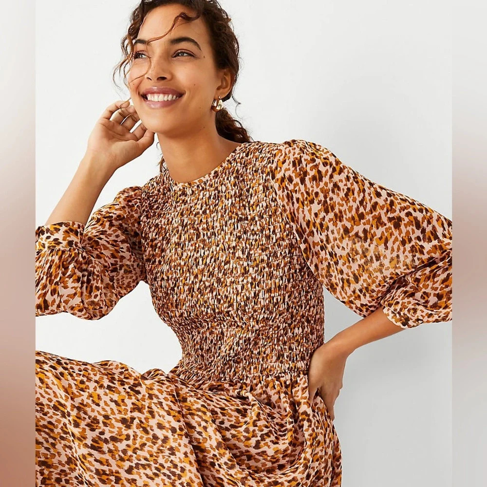 Ann Taylor Animal Print Smocked Dress